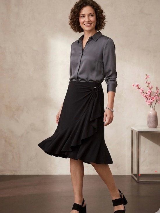 White House Black Market Dresses & Skirts - White House Black Market Black Ruffle Wrap-Detail Midi Skirt